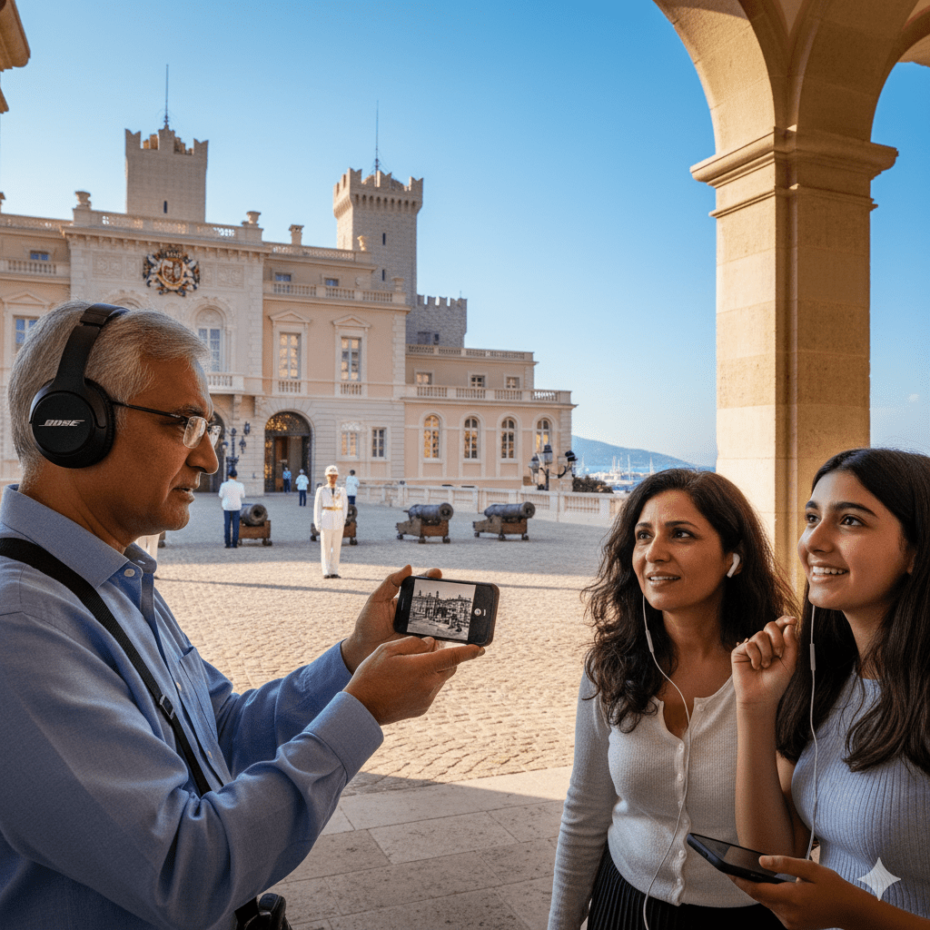 Audio tour device for Monaco by Uvamai Niche Tourism, with headphones and tour guide interface visible.