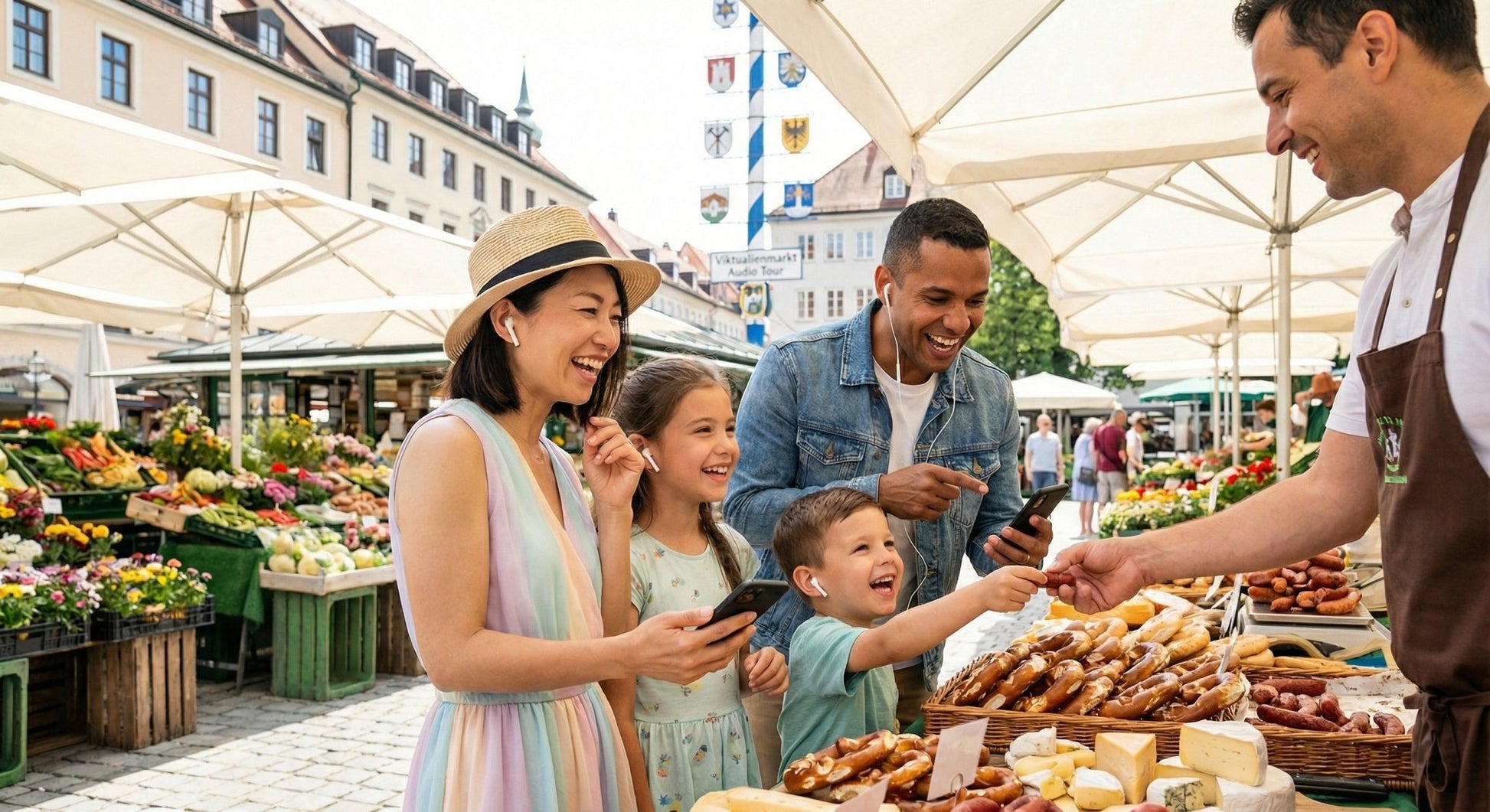 Self-guided audio tour device for Munich by Uvamai Niche Tourism, showing headphones and tour controls on a map.