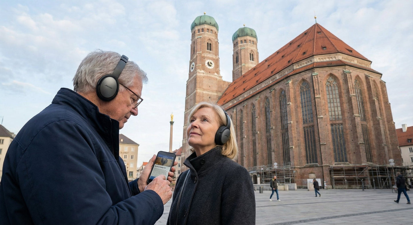 Self-guided audio tour in Munich by Uvamai Niche Tourism, featuring headphones and a map for exploring the city independently.