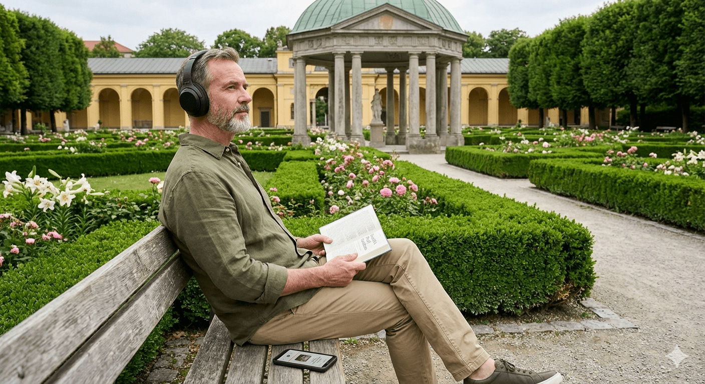 Self-guided audio tour device for Munich by Uvamai Niche Tourism, showing headphones and tour controls.