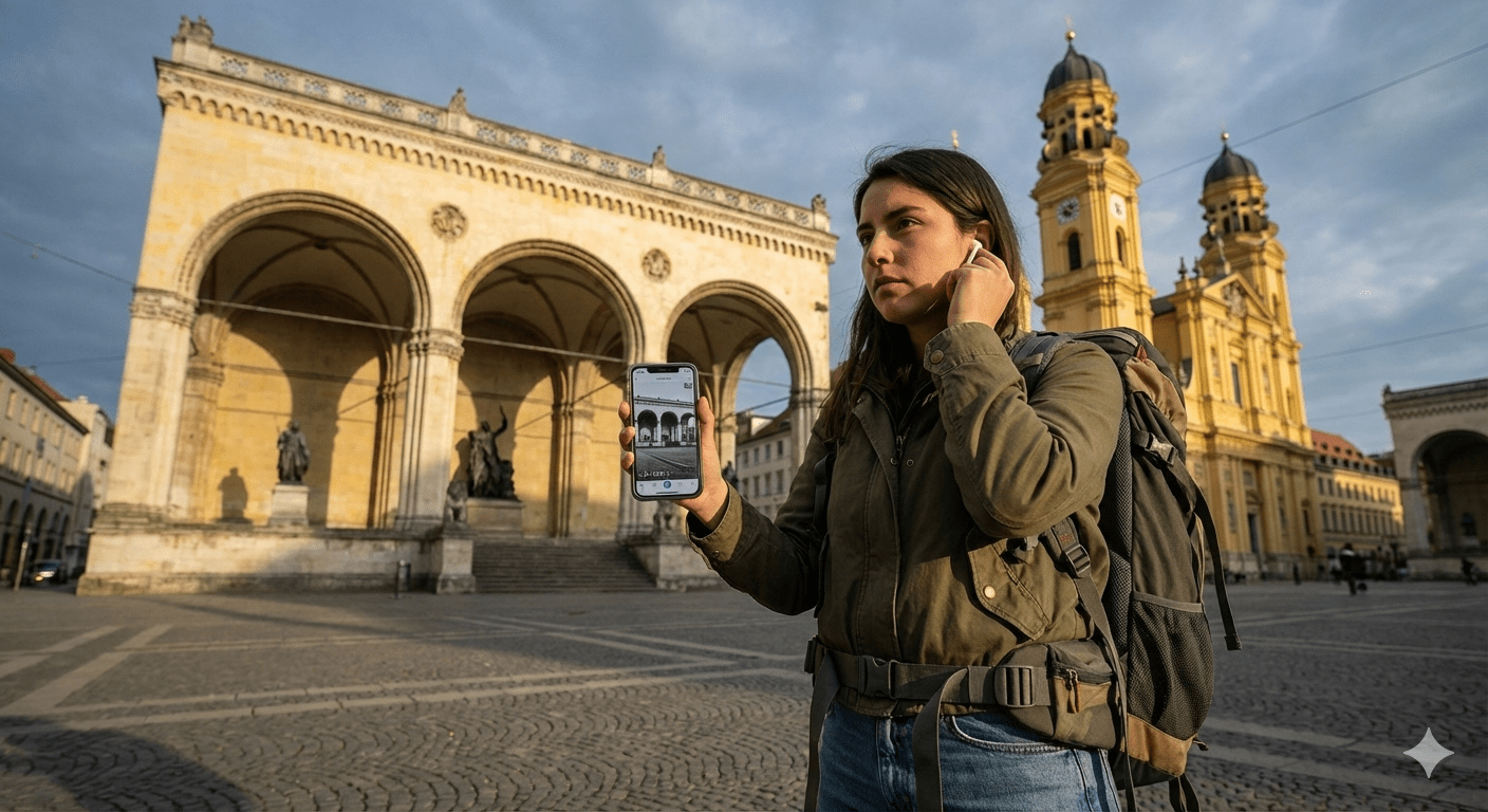 Munich Self-Guided Audio Tour by Uvamai Niche Tourism, featuring a mobile device with audio guide interface and Munich city landmarks.