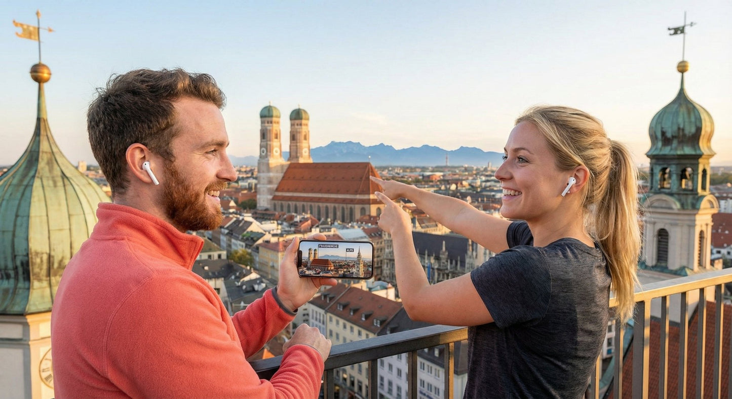 Audio tour device for Munich self-guided tour by Uvamai Niche Tourism, showing headphones and tour interface screen.