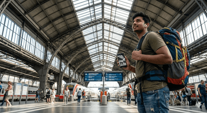 Munich Self-Guided Audio Tour by Uvamai Niche Tourism, image showing a smartphone with map and audio controls for exploring Munich.