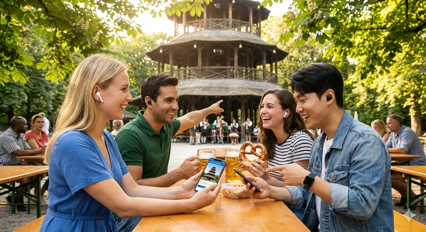 Munich self-guided audio tour by Uvamai Niche Tourism, showing a smartphone with maps and audio controls for sightseeing.