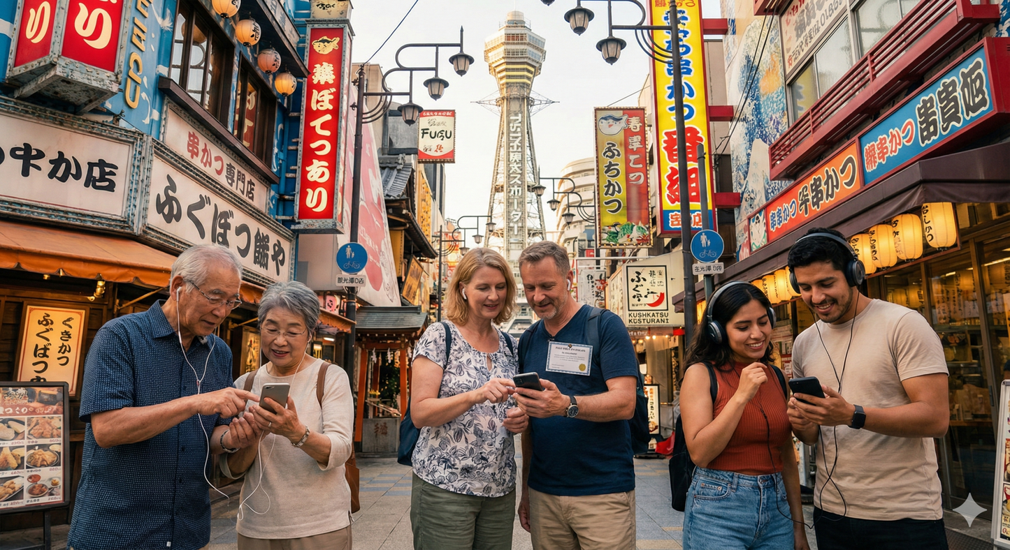 Audio tour device for Osaka Self-Guided Audio Tour by Uvamai Niche Tourism, showing headphones and tour interface.