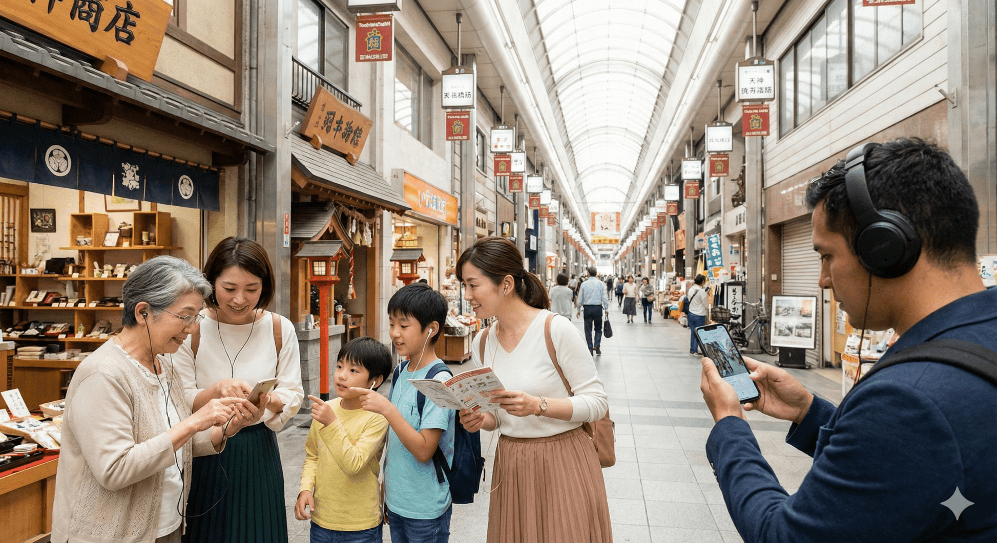 Audio tour device for Osaka self-guided tour by Uvamai Niche Tourism, showing headphones and tour interface on a smartphone.