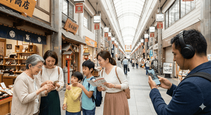 Audio tour device for Osaka self-guided tour by Uvamai Niche Tourism, showing headphones and tour interface on a smartphone.