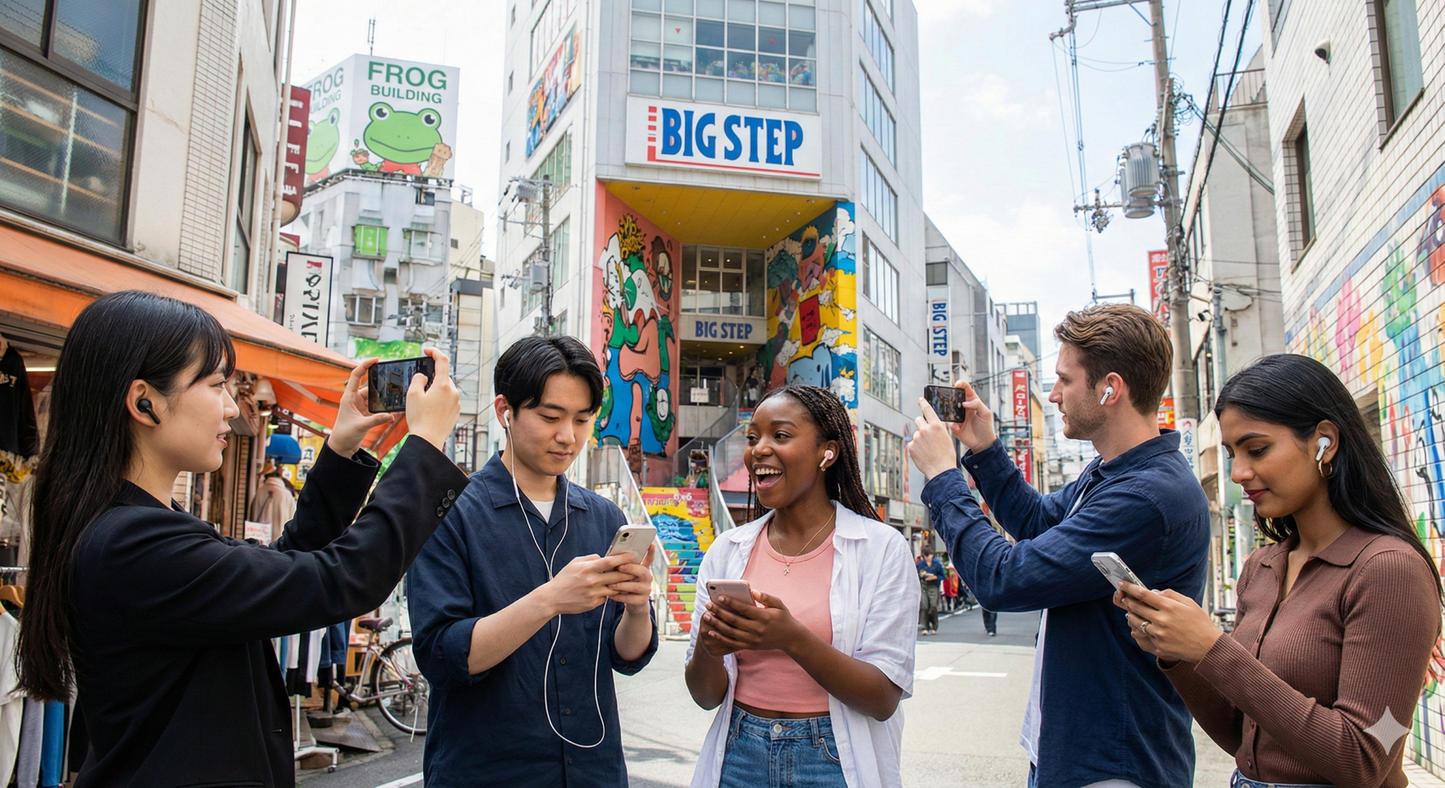 Osaka Self-Guided Audio Tour by Uvamai Niche Tourism, featuring a smartphone displaying tour app with Osaka landmarks.
