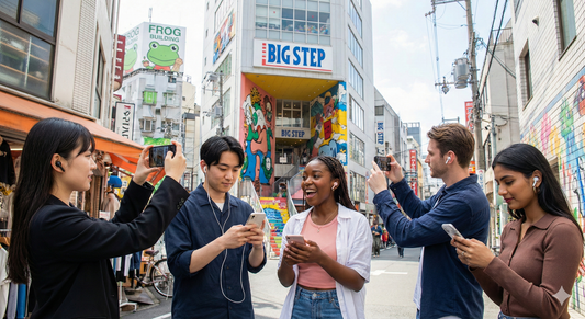 Osaka Self-Guided Audio Tour by Uvamai Niche Tourism, featuring a smartphone displaying tour app with Osaka landmarks.