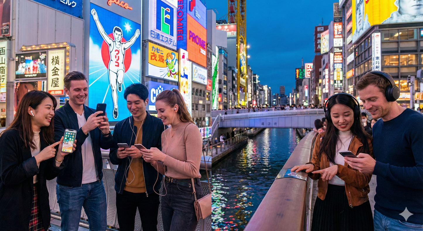 Osaka Self-Guided Audio Tour by Uvamai Niche Tourism, featuring a smartphone with map and headphones for exploring Osaka.