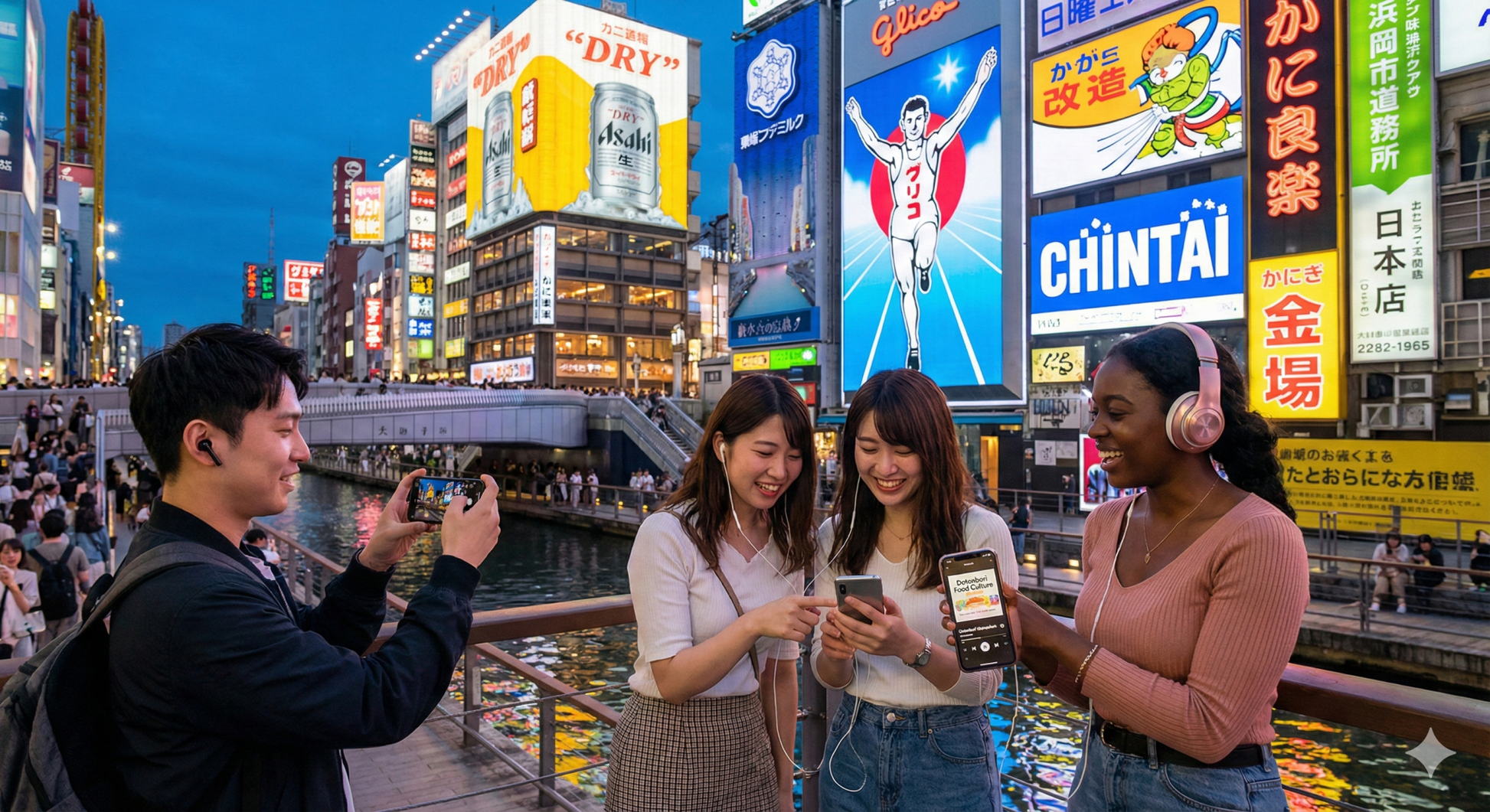 Osaka Self-Guided Audio Tour by Uvamai Niche Tourism, featuring a smartphone displaying the tour app on a city map background.