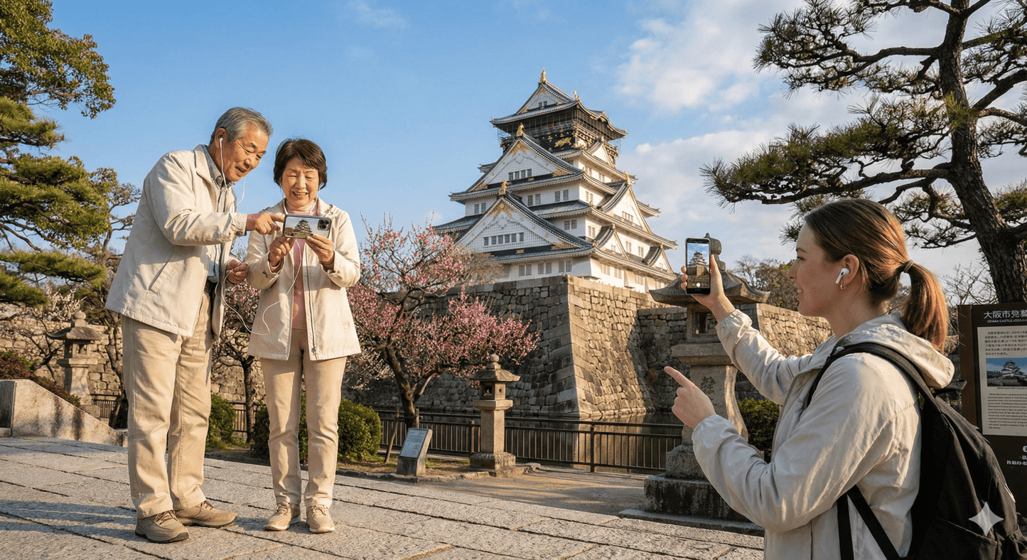 Osaka Self-Guided Audio Tour by Uvamai Niche Tourism, featuring a smartphone with headphones and scenic Osaka city views.