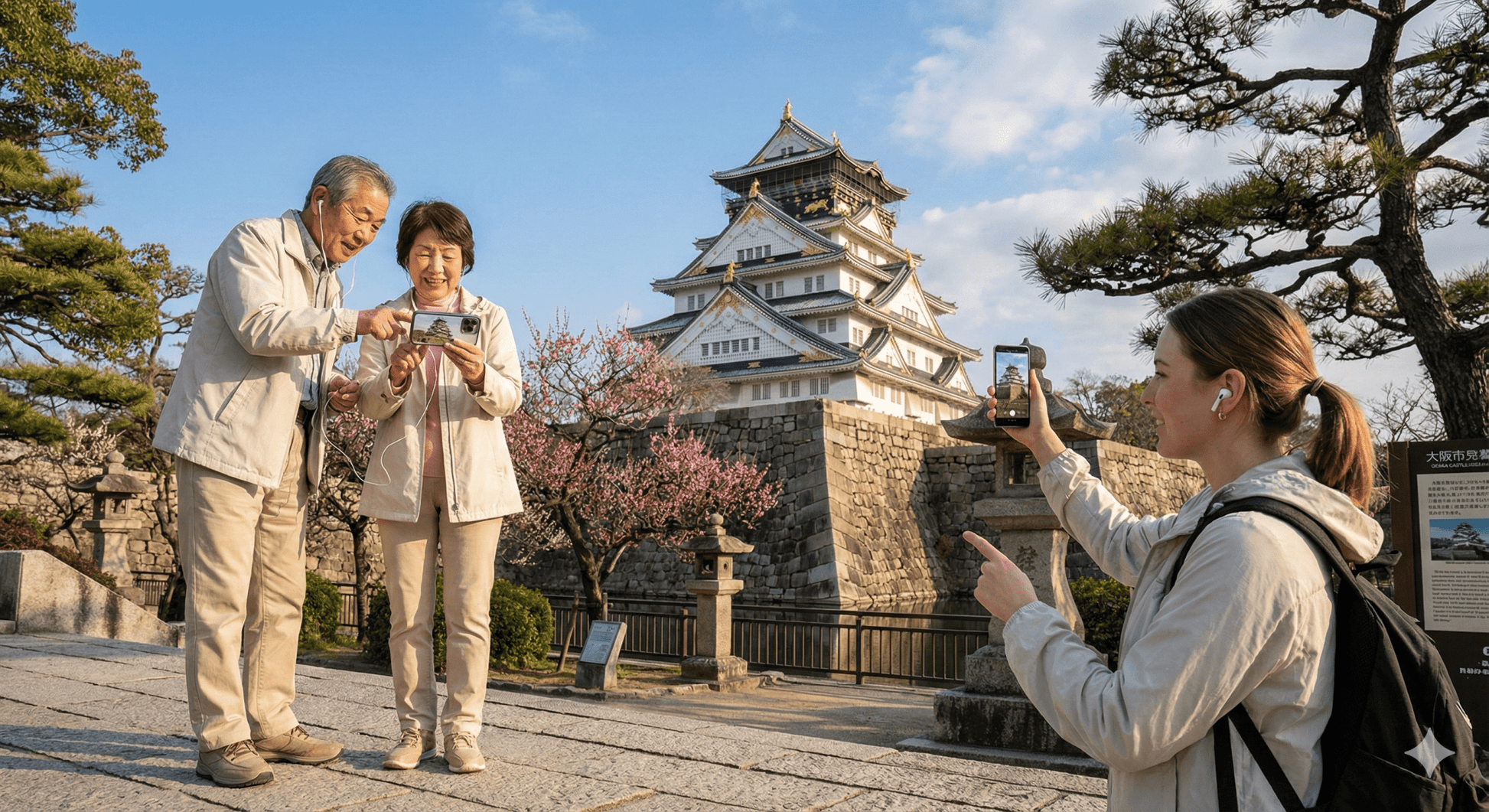 Osaka Self-Guided Audio Tour by Uvamai Niche Tourism, featuring a smartphone with headphones and scenic Osaka city views.