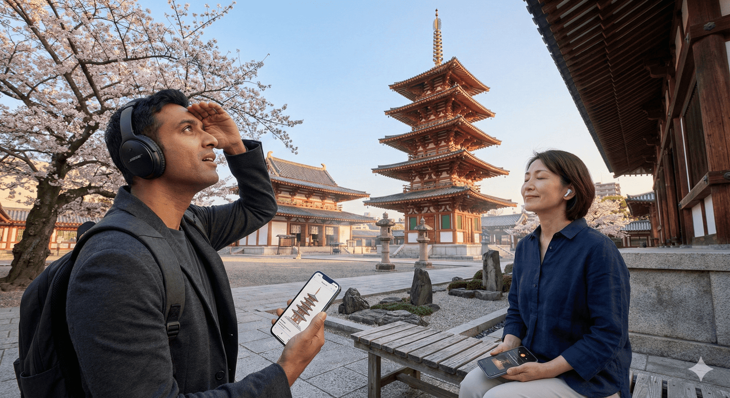 Osaka Self-Guided Audio Tour by Uvamai Niche Tourism, showing a mobile device with map and audio controls for exploring Osaka.