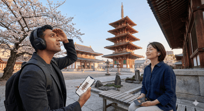 Osaka Self-Guided Audio Tour by Uvamai Niche Tourism, showing a mobile device with map and audio controls for exploring Osaka.