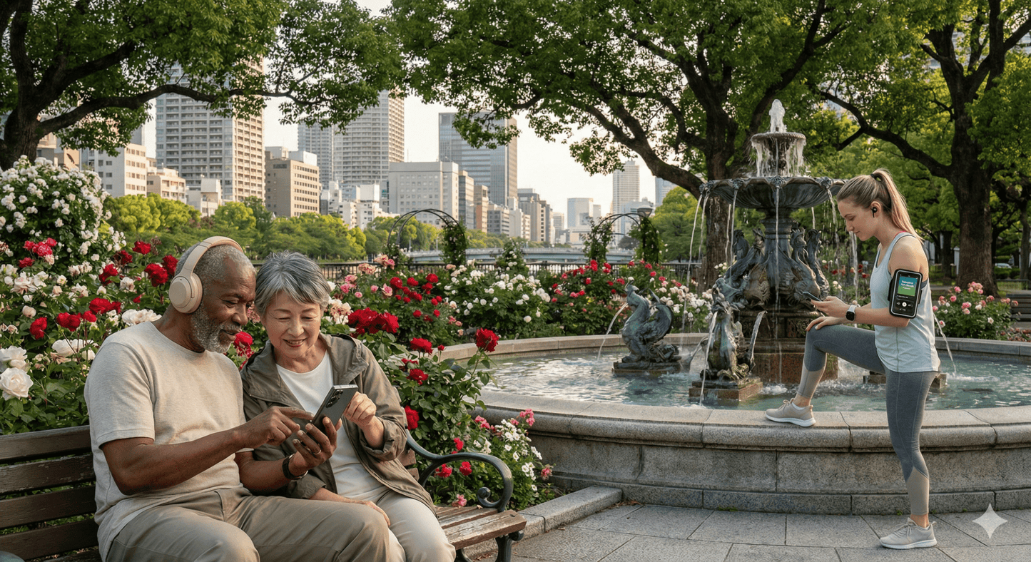 Audio tour guide device for Osaka self-guided audio tour by Uvamai Niche Tourism, showing headphones and tour interface.