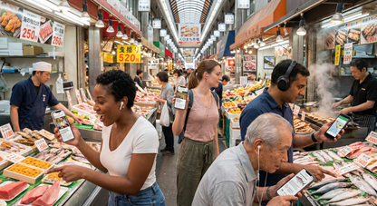 Osaka Self-Guided Audio Tour by Uvamai Niche Tourism, showing a smartphone with tour app and scenic city views of Osaka.