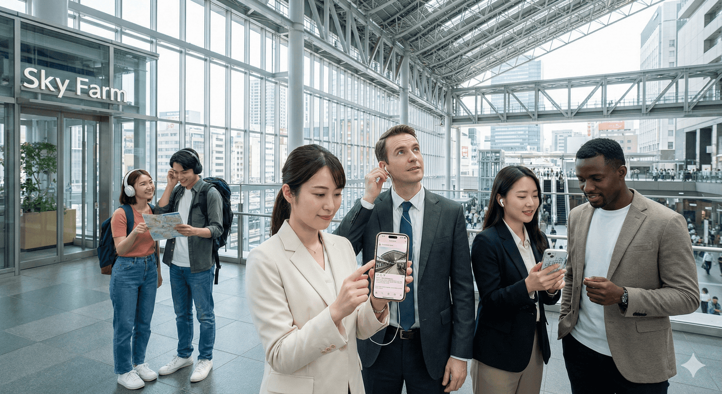 Osaka Self-Guided Audio Tour by Uvamai Niche Tourism, showing a smartphone with map and audio guide app for exploring Osaka.