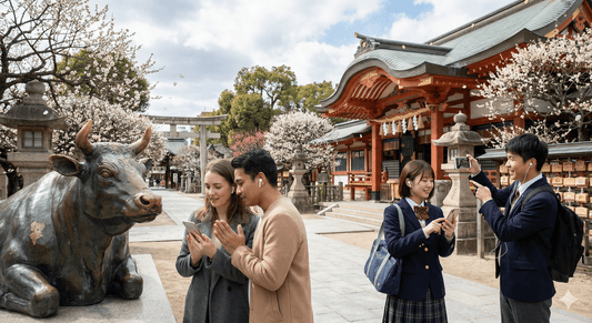 Osaka Self-Guided Audio Tour by Uvamai Niche Tourism showing a smartphone with map and audio guide interface on the screen.