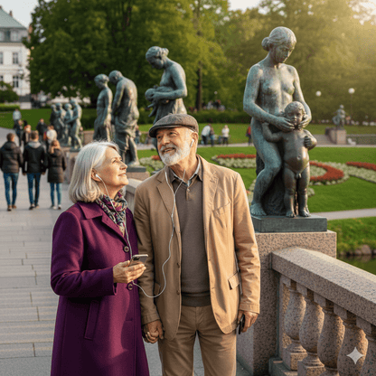 Oslo Self-Guided Audio Tour by Uvamai Niche Tourism, showing a smartphone with the tour app and scenic Oslo city views.