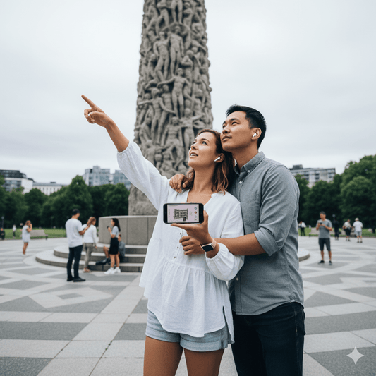 Oslo Self-Guided Audio Tour by Uvamai Niche Tourism, portable device with headphones for exploring Oslo's landmarks independently.