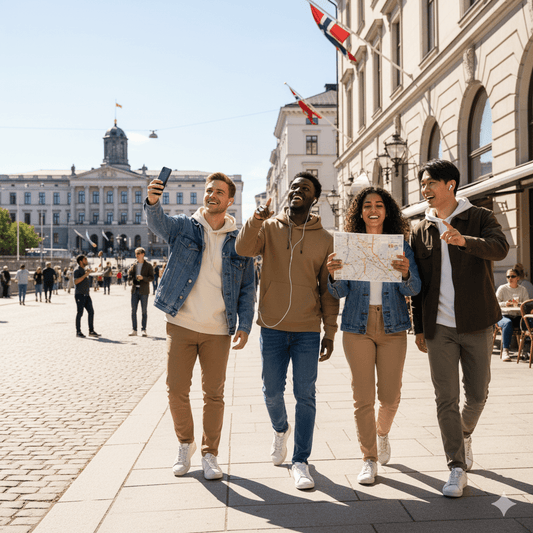 Oslo Self-Guided Audio Tour by Uvamai Niche Tourism, showing a smartphone with map and audio playback interface.