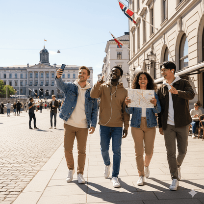 Oslo Self-Guided Audio Tour by Uvamai Niche Tourism, showing a smartphone with map and audio playback interface.