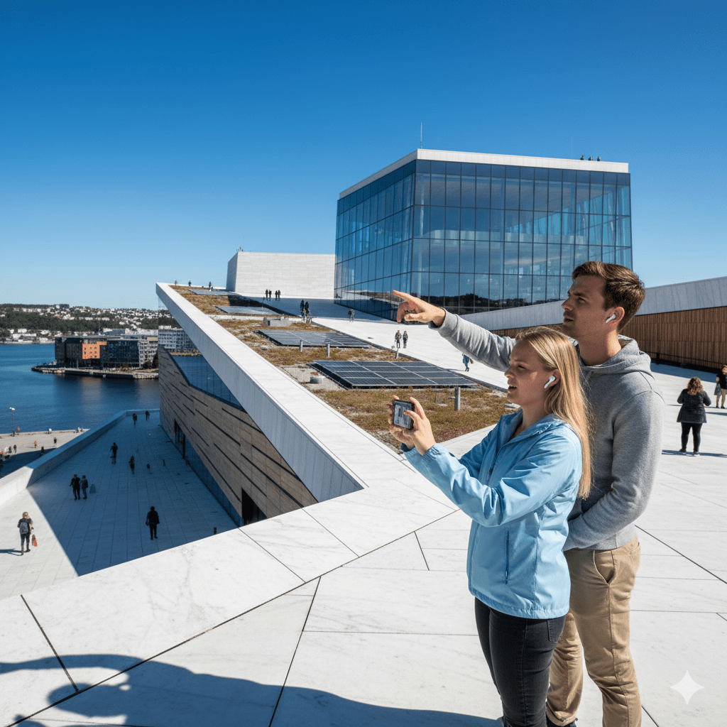 Oslo self-guided audio tour by Uvamai Niche Tourism, showing a map with audio device and scenic Oslo landmarks.