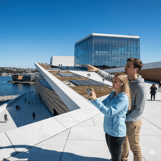 Oslo self-guided audio tour by Uvamai Niche Tourism, showing a map with audio device and scenic Oslo landmarks.