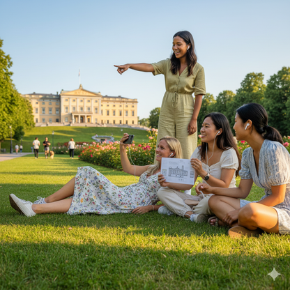 Oslo Self-Guided Audio Tour by Uvamai Niche Tourism, featuring a smartphone with tour app and scenic Oslo city views.