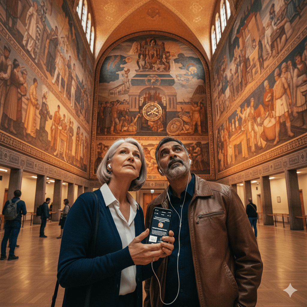 Oslo Self-Guided Audio Tour by Uvamai Niche Tourism, featuring a smartphone with map and headphones for exploring Oslo.