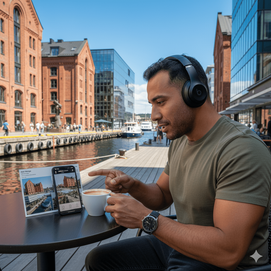 Audio tour device for Oslo self-guided audio tour by Uvamai Niche Tourism, showing headphones and tour interface.