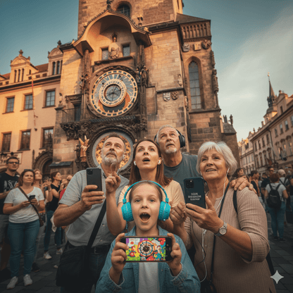 Audio tour device for Prague self-guided tour by Uvamai Niche Tourism showing headphones and map interface.