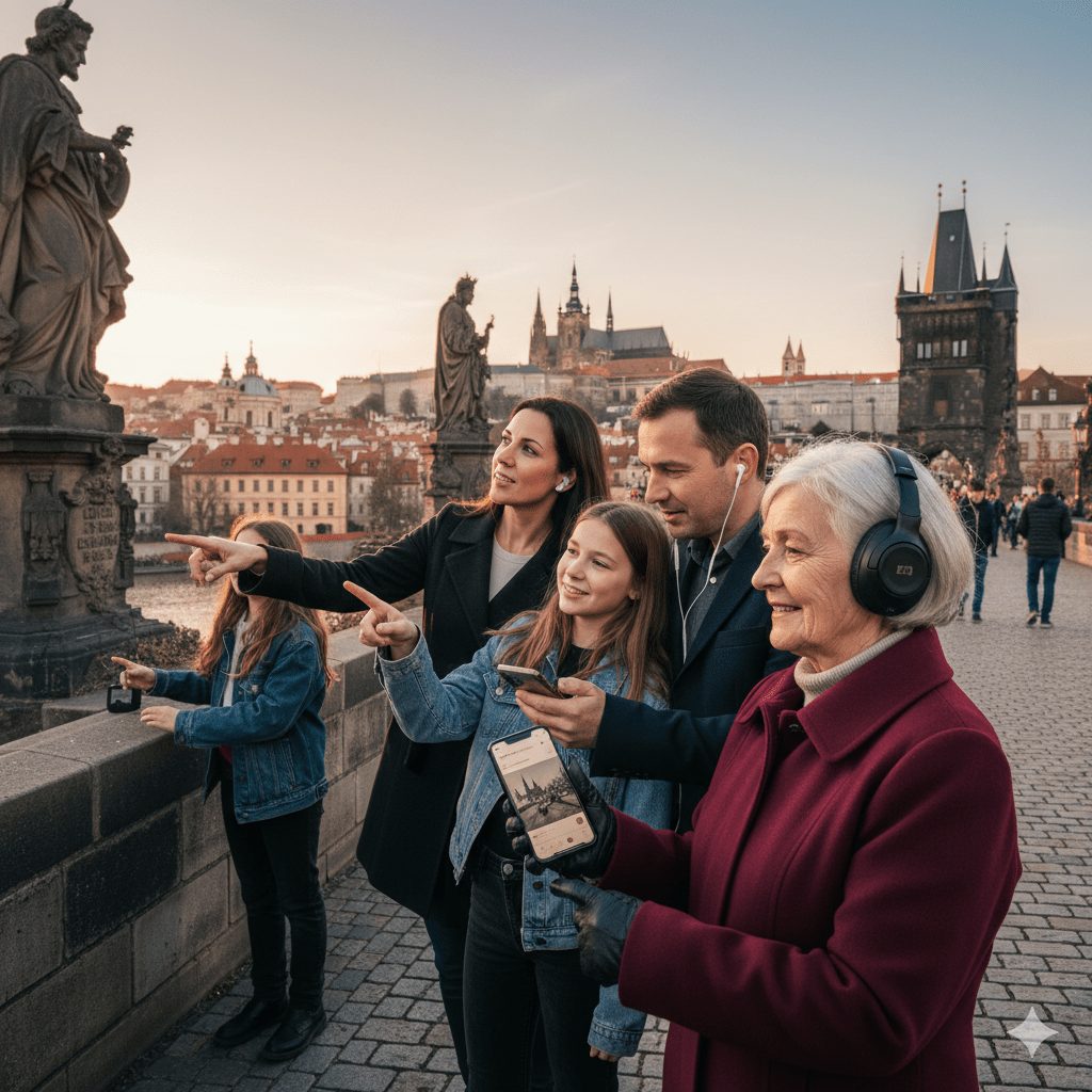 Audio tour device for the Prague Self-Guided Audio Tour by Uvamai Niche Tourism, showing headphones and tour interface on a screen.
