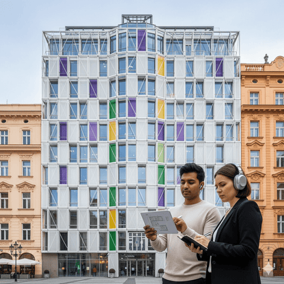 Prague Self-Guided Audio Tour by Uvamai Niche Tourism, showing a smartphone with city landmarks and audio guide interface.