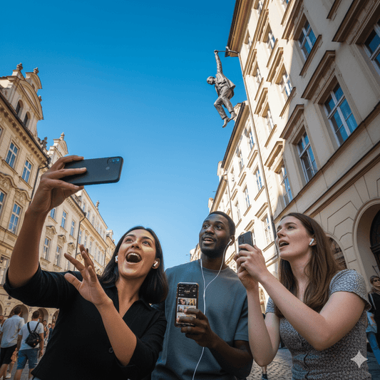 Prague Self-Guided Audio Tour by Uvamai Niche Tourism, image of a smartphone playing the audio guide with historic Prague landmarks.