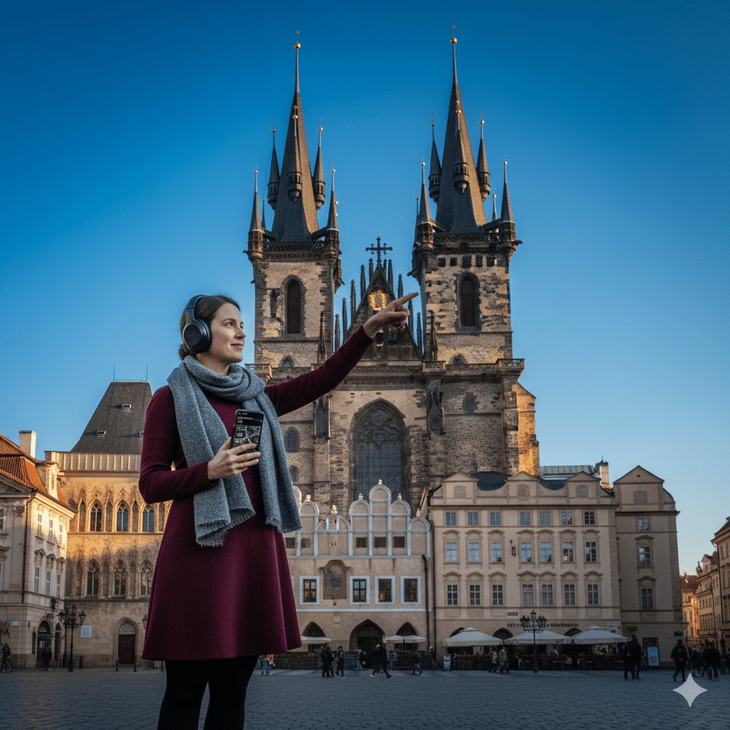 Prague Self-Guided Audio Tour by Uvamai Niche Tourism, featuring headphones and tour map for exploring Prague independently.