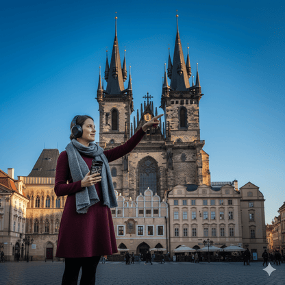 Prague Self-Guided Audio Tour by Uvamai Niche Tourism, featuring headphones and tour map for exploring Prague independently.