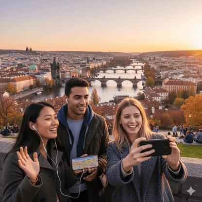 Prague self-guided audio tour by Uvamai Niche Tourism featuring landmarks and city views in a scenic outdoor setting.