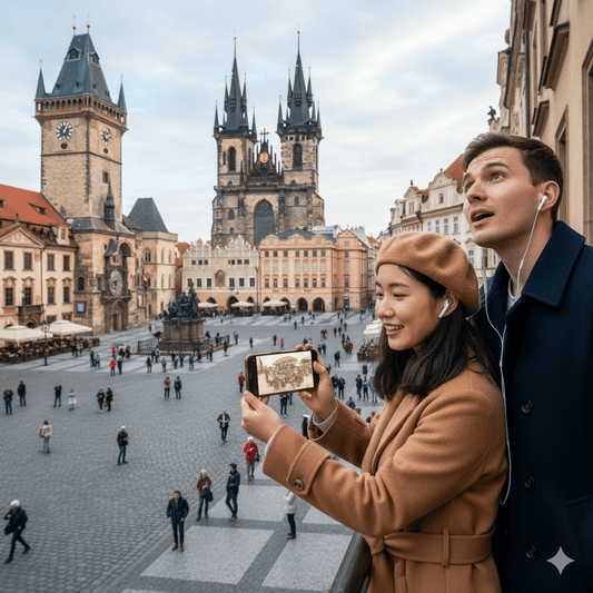 Audio tour device showing map and controls for the Prague Self-Guided Audio Tour by Uvamai Niche Tourism