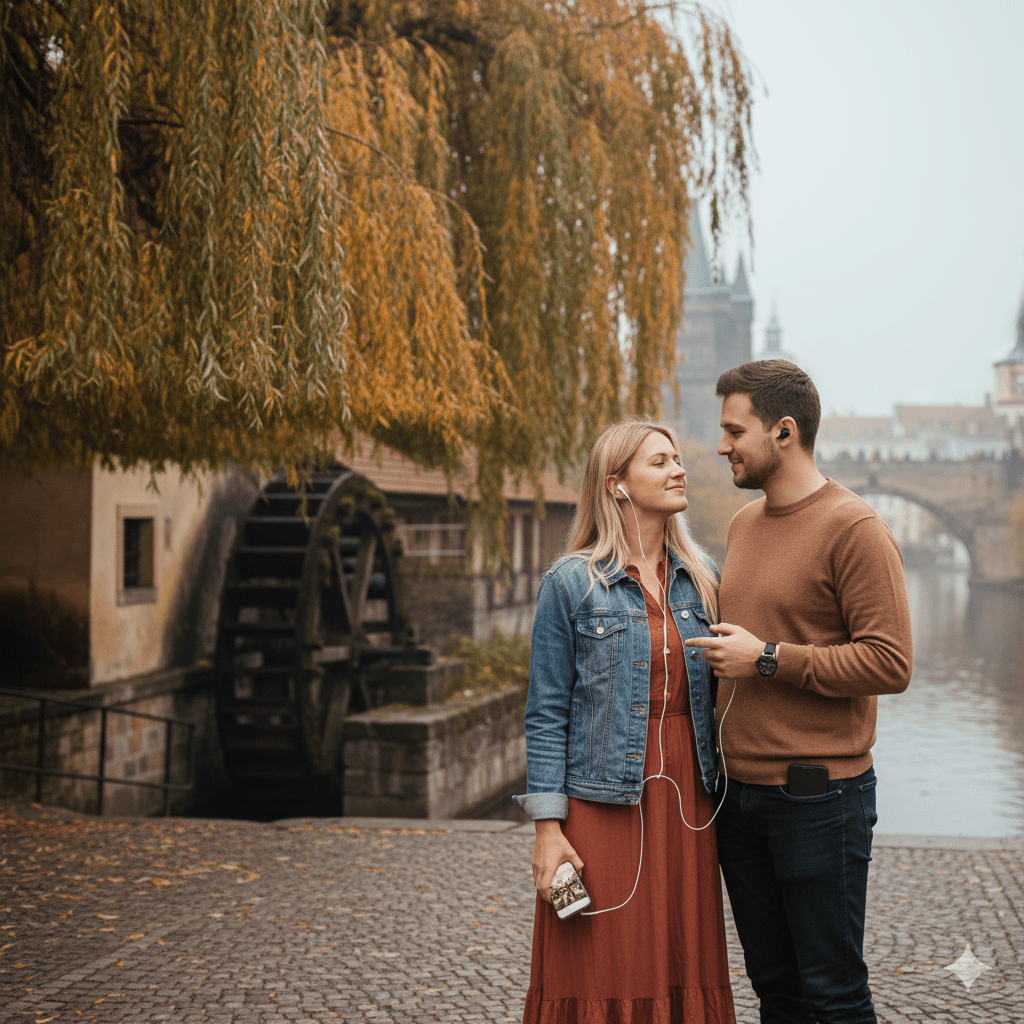 Audio guide for Prague self-guided tour by Uvamai Niche Tourism, featuring landmarks and city sights on a portable device.