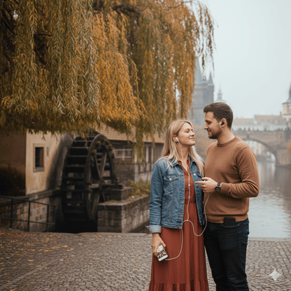 Audio guide for Prague self-guided tour by Uvamai Niche Tourism, featuring landmarks and city sights on a portable device.