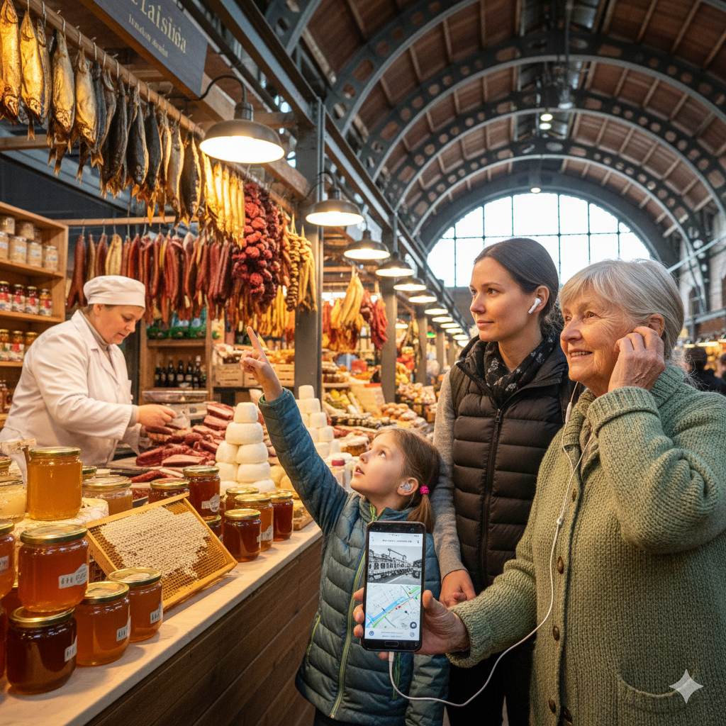 Riga Self-Guided Audio Tour by Uvamai Niche Tourism, showing a smartphone with city landmarks on the screen.