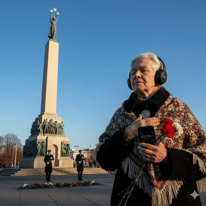 Riga Self-Guided Audio Tour by Uvamai Niche Tourism featuring a smartphone and headphones for exploring Riga's landmarks.