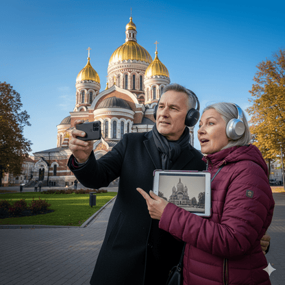 Audio tour device for Riga self-guided tour by Uvamai Niche Tourism, showing headphones and tour controls.