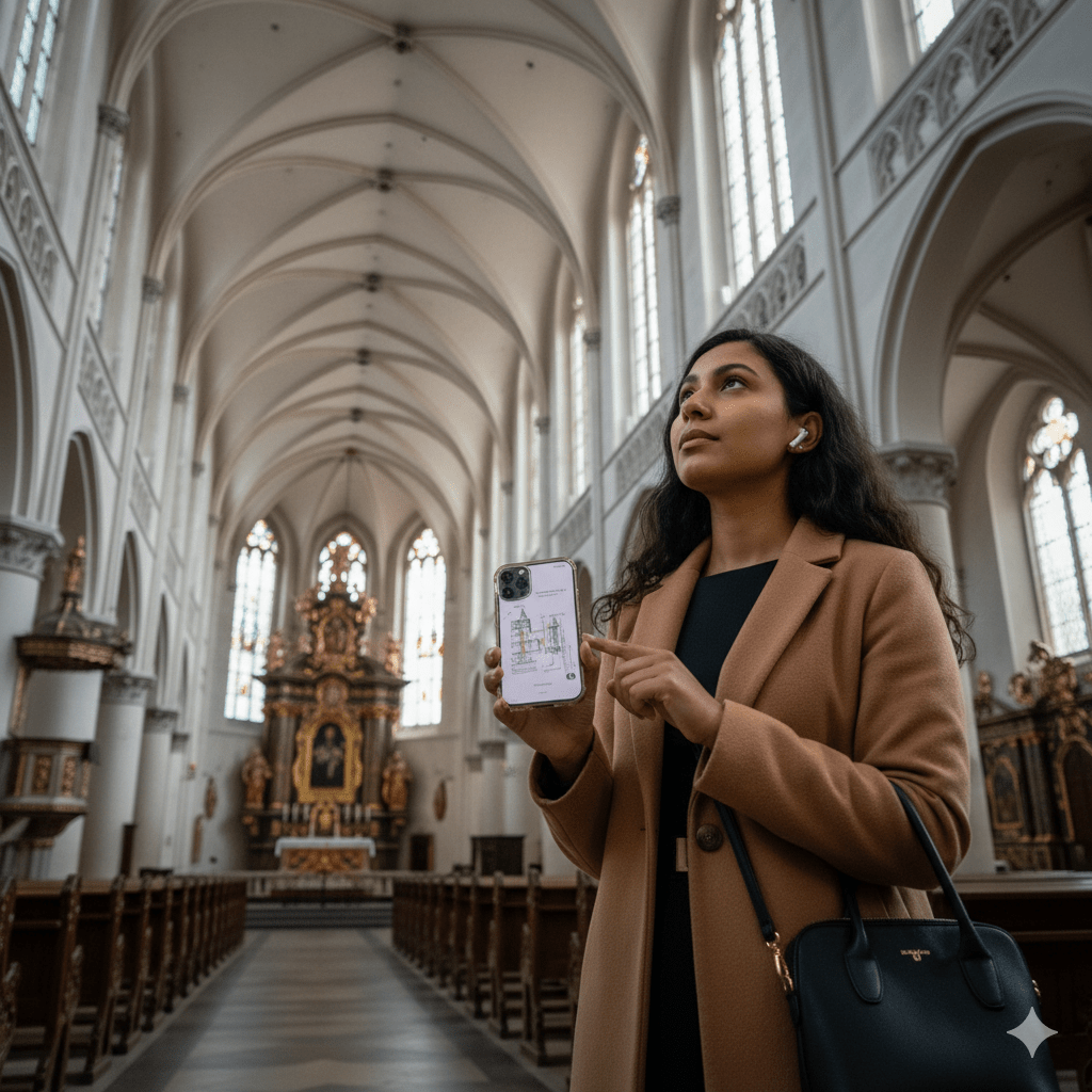 Riga Self-Guided Audio Tour by Uvamai Niche Tourism featuring a mobile device playing tour audio in a historic city setting