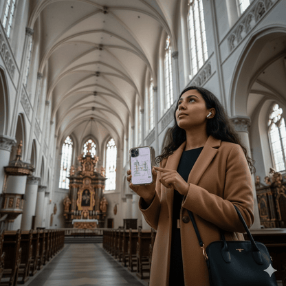 Riga Self-Guided Audio Tour by Uvamai Niche Tourism featuring a mobile device playing tour audio in a historic city setting