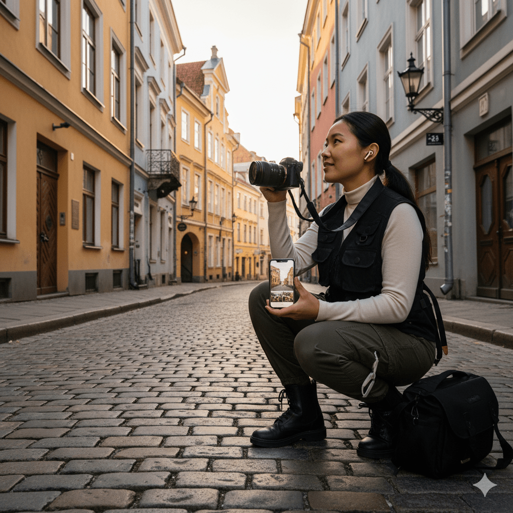 Riga Self-Guided Audio Tour by Uvamai Niche Tourism, featuring a smartphone and headphones for exploring Riga's landmarks.