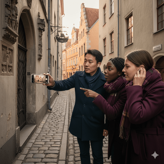 Riga Self-Guided Audio Tour by Uvamai Niche Tourism, featuring headphones and a smartphone displaying tour information.