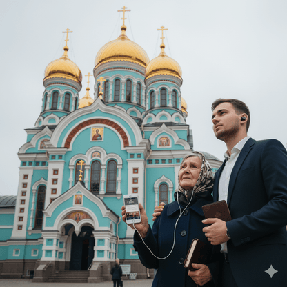 Riga Self-Guided Audio Tour by Uvamai Niche Tourism, featuring a smartphone displaying the tour app on a city background.